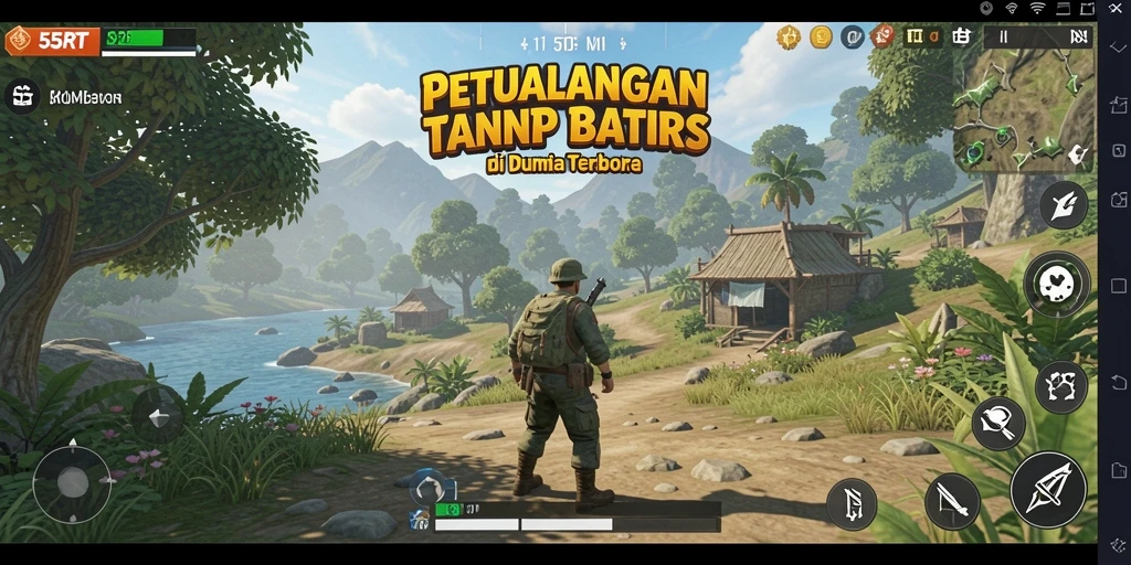 Screenshot 55RT menunjukkan pemain menjelajahi dunia terbuka yang luas dengan pemandangan menakjubkan.