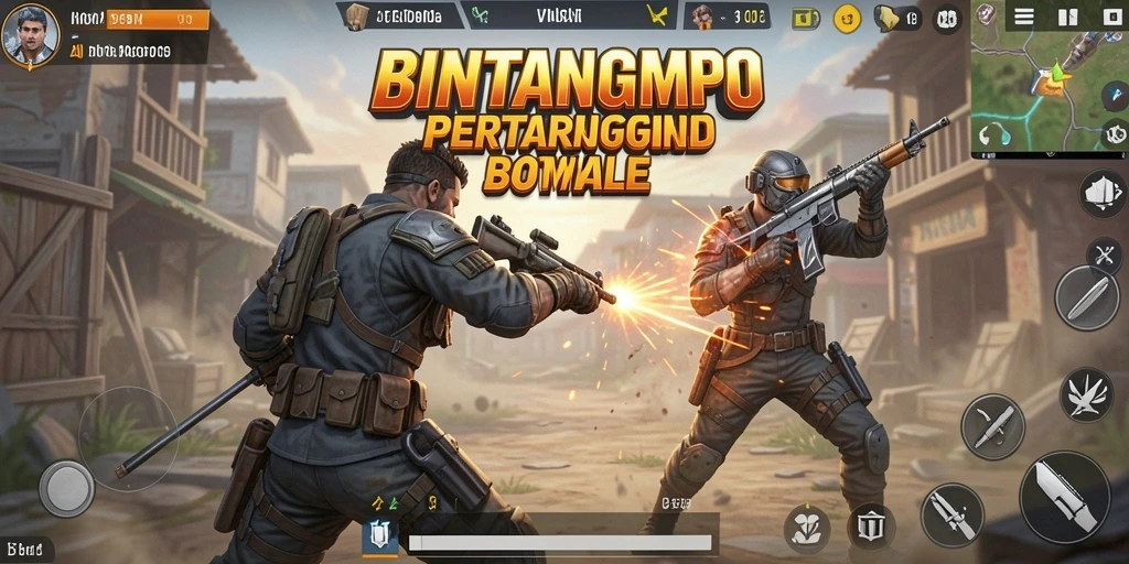 Screenshot BINTANGMPO menampilkan aksi pertempuran seru di medan perang.