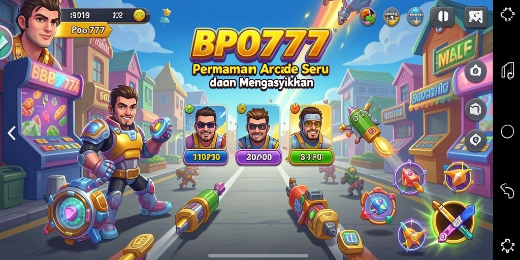 Tangkapan layar utama BPO777 menampilkan gameplay Arcade yang seru dan energik.
